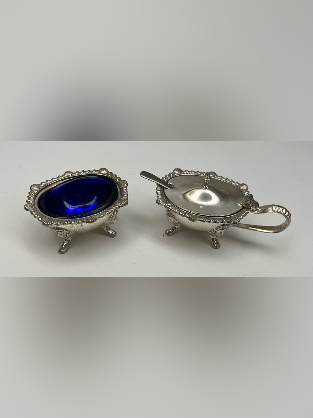 Vintage Silverplated Condiment Set with Cobalt Blue Liners Salt Mustard Pot